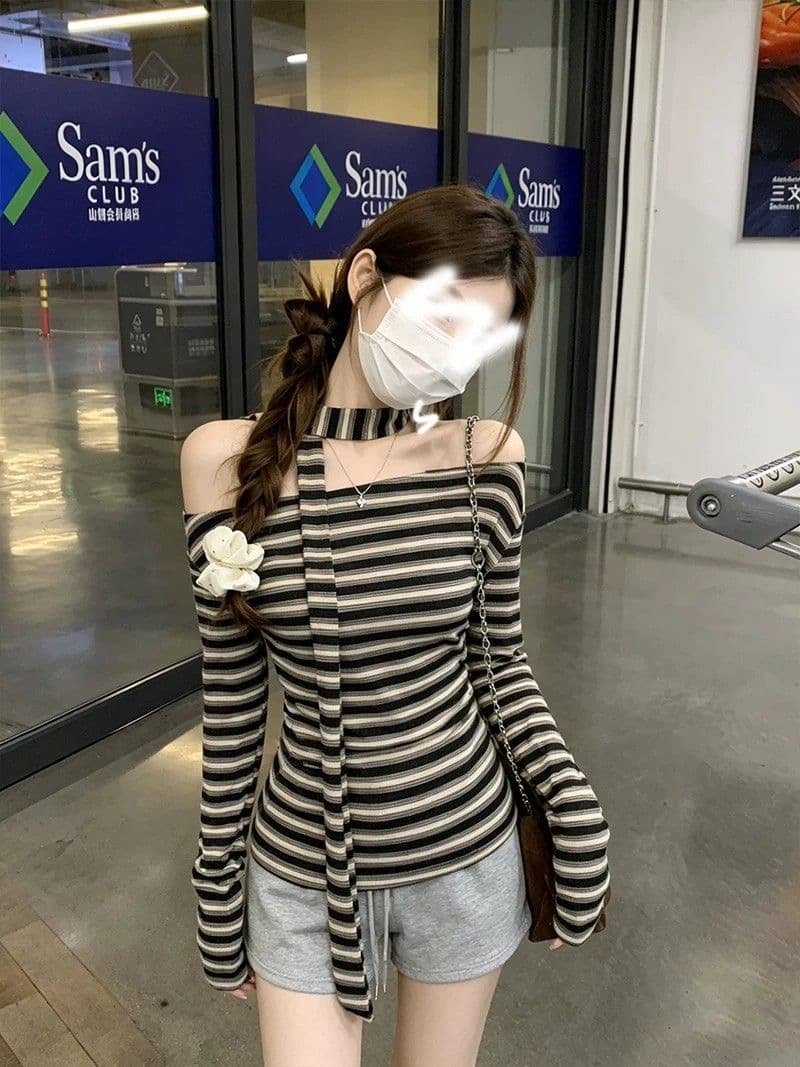 레트로 chic 스트라이프 비스듬한 어깨 리본 티셔츠 여성 가을 새로운 항구 바람 품격 몸매 가꾸기 허리 수축 니트 맨위 서비스 상세 이미지 11