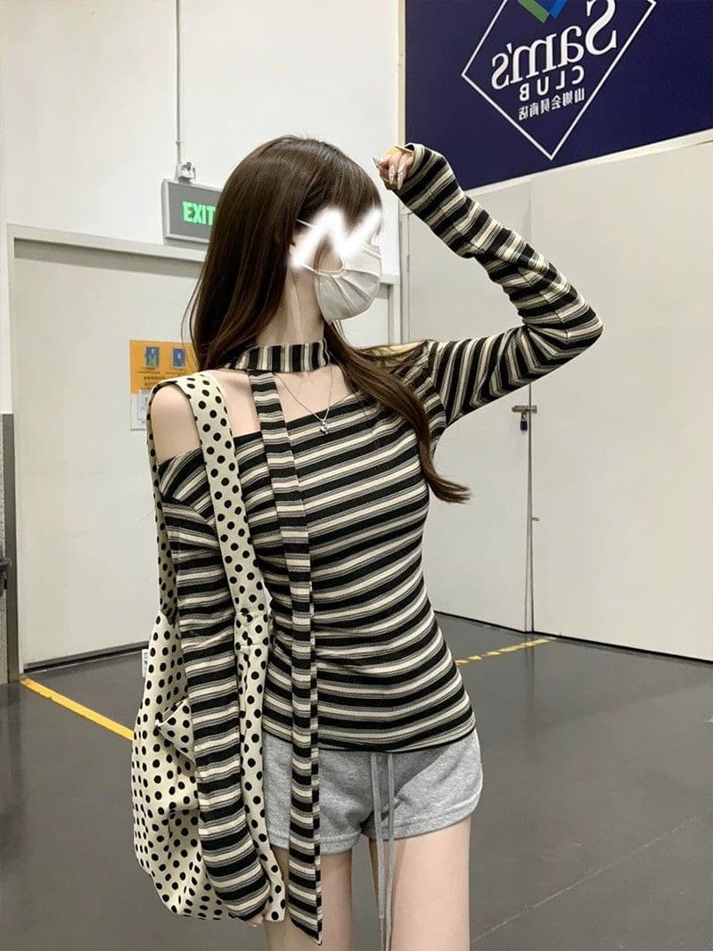 레트로 chic 스트라이프 비스듬한 어깨 리본 티셔츠 여성 가을 새로운 항구 바람 품격 몸매 가꾸기 허리 수축 니트 맨위 서비스 상세 이미지 12