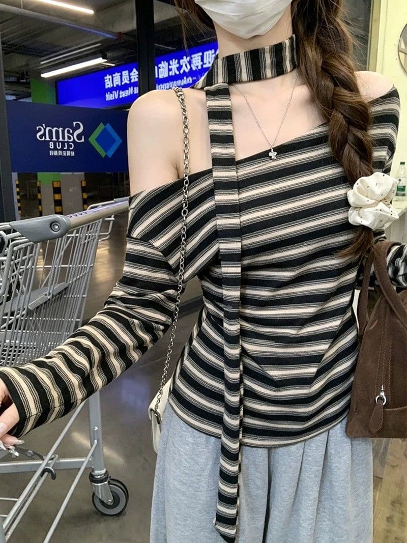 레트로 chic 스트라이프 비스듬한 어깨 리본 티셔츠 여성 가을 새로운 항구 바람 품격 몸매 가꾸기 허리 수축 니트 맨위 서비스 상세 이미지 13