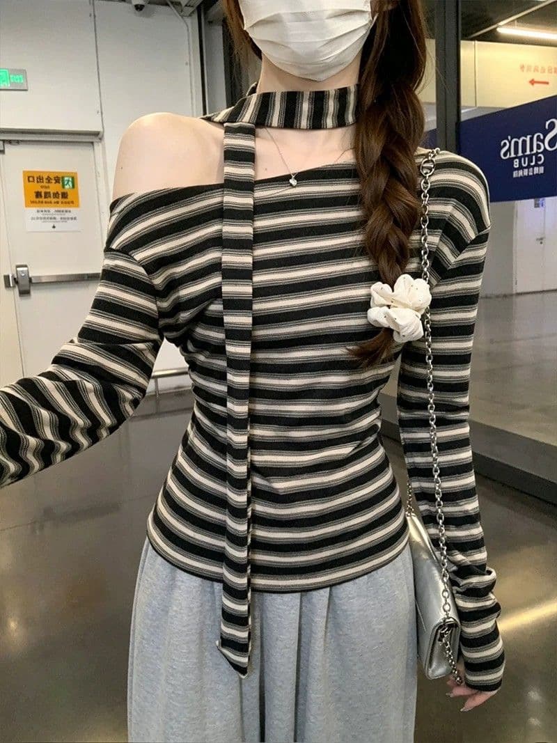 레트로 chic 스트라이프 비스듬한 어깨 리본 티셔츠 여성 가을 새로운 항구 바람 품격 몸매 가꾸기 허리 수축 니트 맨위 서비스 상세 이미지 14
