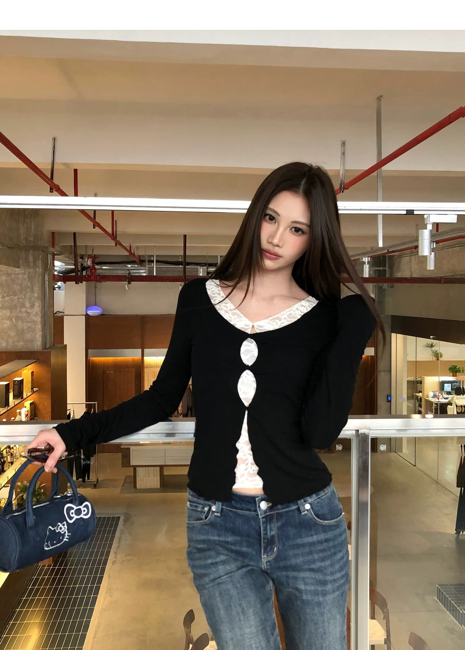 디자인 센스 레이스 조각 페이크 레이어드 긴팔 티셔츠 여성 겨울 새로운 몸매 가꾸기 슬림해 보이는 기본 셔츠 맨위 상세 이미지 5