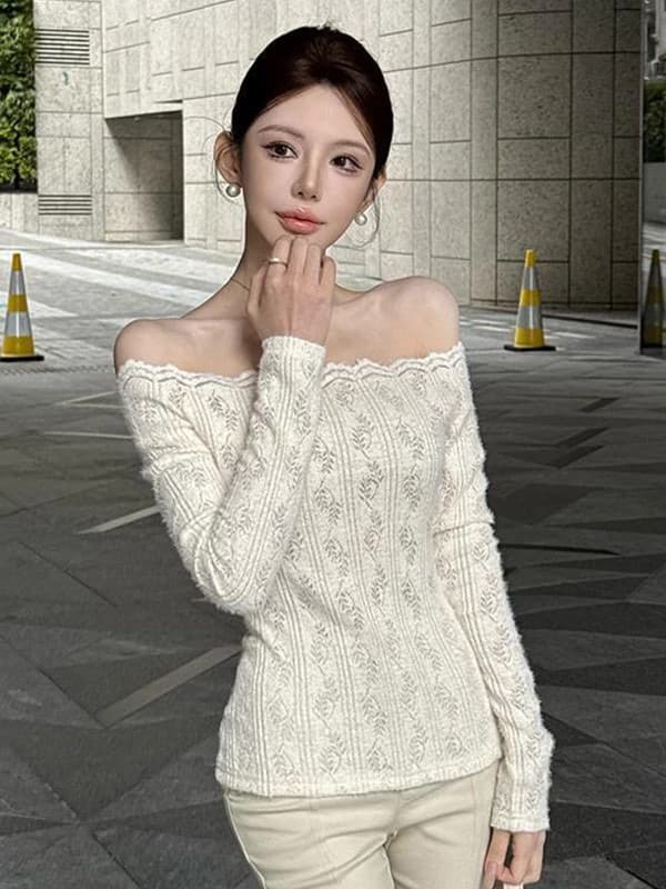 오프숄더 오프숄더 레이스 조각 니트 스웨터 스웨터 여자 새로운 가을 겨울 몸매 가꾸기 허리 수축 인사이드 잡아라. 의류 이미지 4