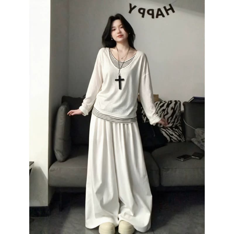 원본 품질 눈꽃 면 스트라이프 페이크 레이어드 긴팔 티셔츠 가을 루즈핏 느긋한 바람 블라우스 맨위 이미지 3