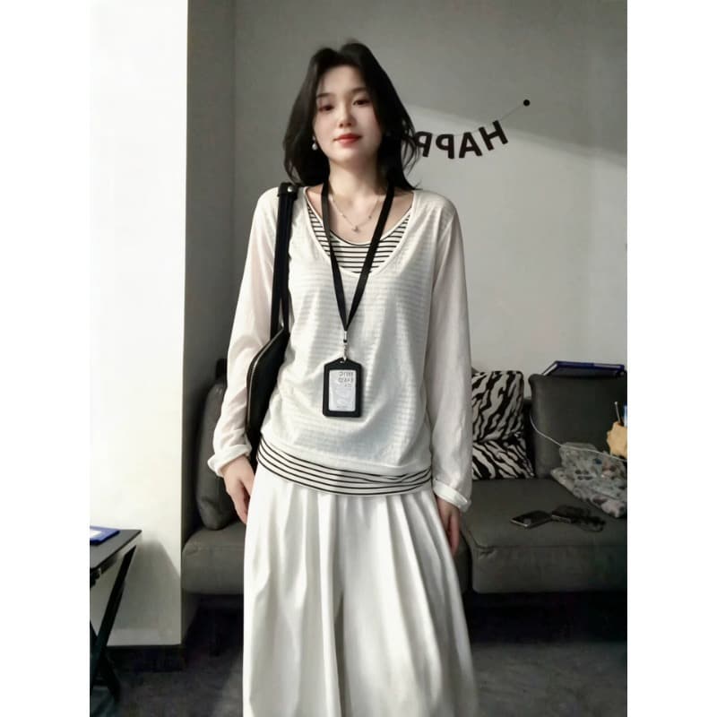 원본 품질 눈꽃 면 스트라이프 페이크 레이어드 긴팔 티셔츠 가을 루즈핏 느긋한 바람 블라우스 맨위 이미지 2