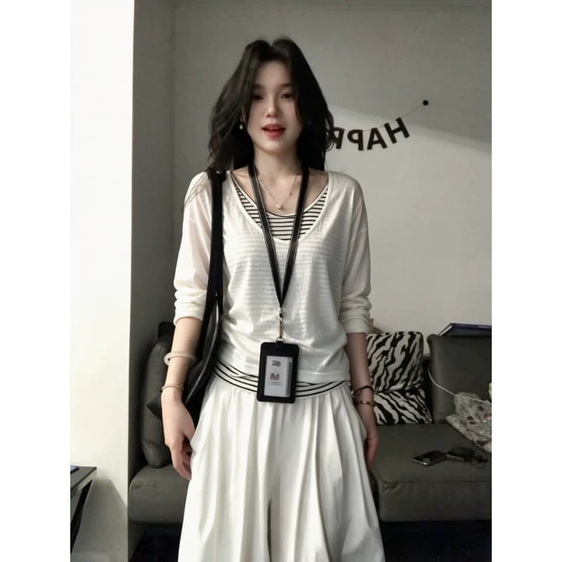 원본 품질 눈꽃 면 스트라이프 페이크 레이어드 긴팔 티셔츠 가을 루즈핏 느긋한 바람 블라우스 맨위 상세 이미지 5