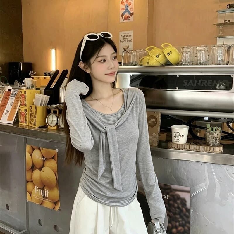 220 그램 사람들 면 주간 실크 리브 페이크 레이어드 스트랩 라운드 넥 긴팔 티셔츠 여성 가을 스트라이프 배색 맨위 이미지 2