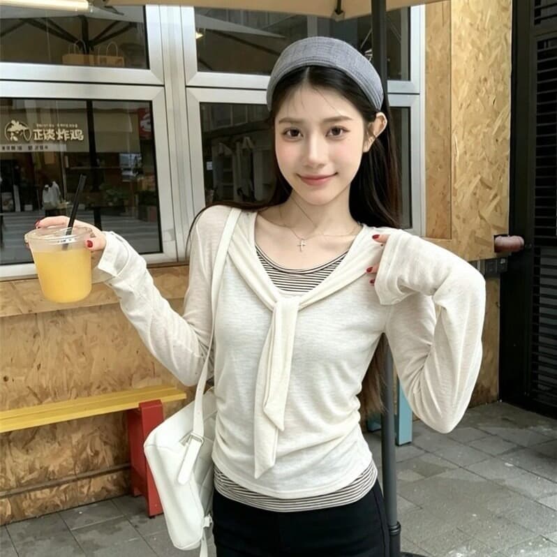 220 그램 사람들 면 주간 실크 리브 페이크 레이어드 스트랩 라운드 넥 긴팔 티셔츠 여성 가을 스트라이프 배색 맨위 이미지 4