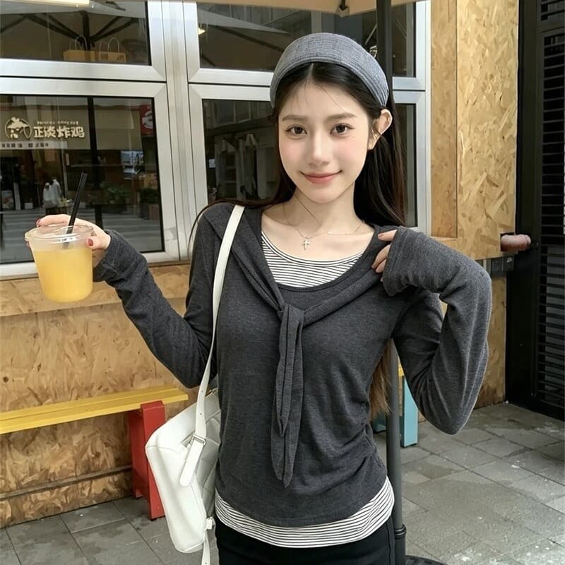 220 그램 사람들 면 주간 실크 리브 페이크 레이어드 스트랩 라운드 넥 긴팔 티셔츠 여성 가을 스트라이프 배색 맨위 이미지 5