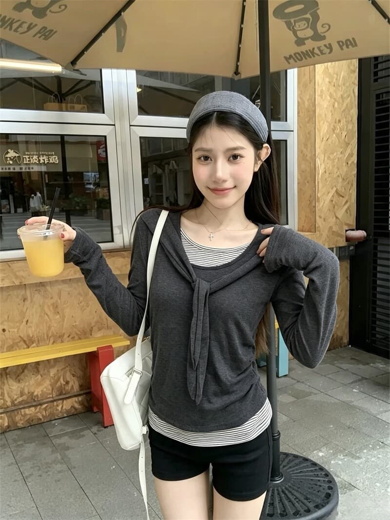 220 그램 사람들 면 주간 실크 리브 페이크 레이어드 스트랩 라운드 넥 긴팔 티셔츠 여성 가을 스트라이프 배색 맨위 상세 이미지 6