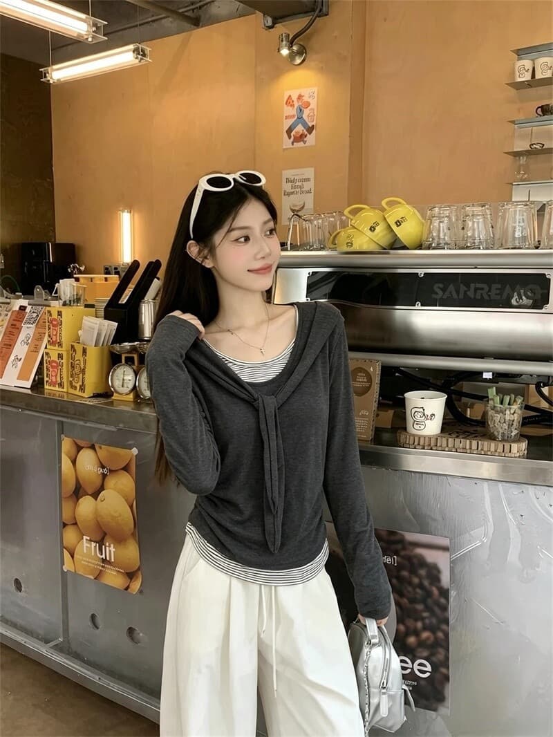 220 그램 사람들 면 주간 실크 리브 페이크 레이어드 스트랩 라운드 넥 긴팔 티셔츠 여성 가을 스트라이프 배색 맨위 상세 이미지 9