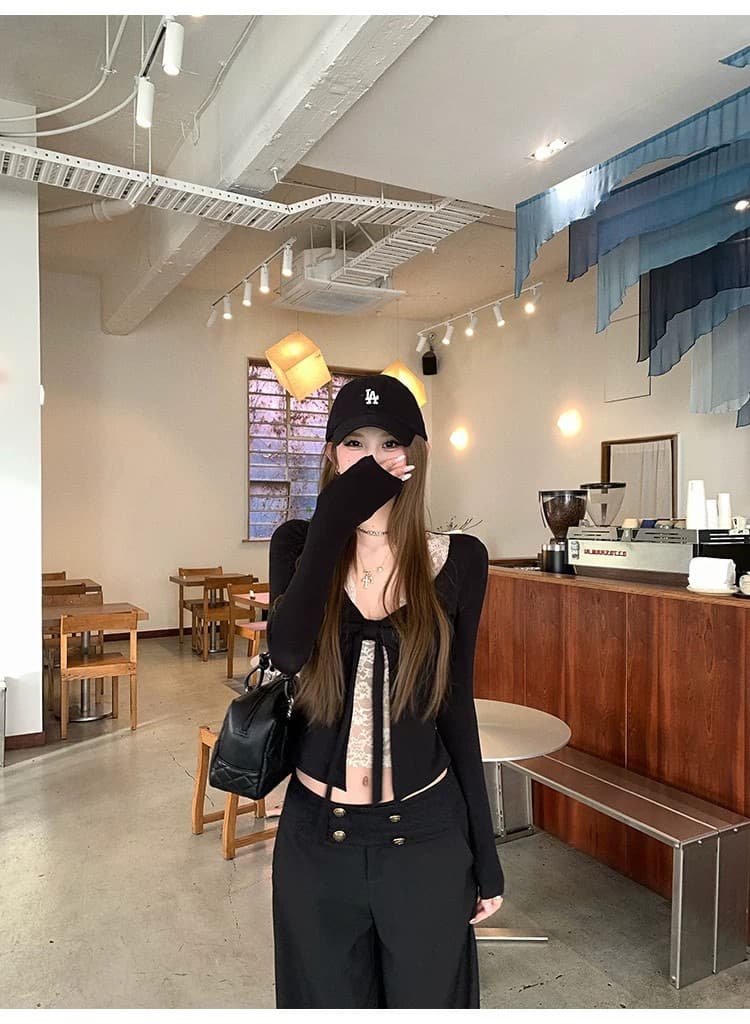 핫걸 바람 V넥 긴팔 레이스 조각 티셔츠 여성 이른 가을 허리 수축 슬림해 보이는 디자인 센스 인사이드 잡아라. 의류 상세 이미지 16