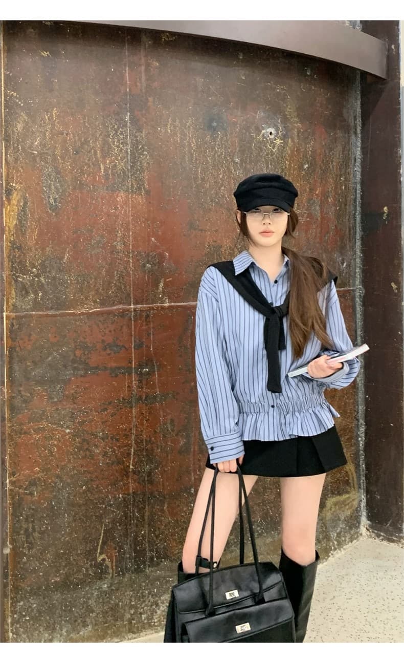 벨트 숄 장신구 여성 셔츠 봄 가을 프랑스식 맨위 파란색 스트라이프 고급 센스 빛 럭셔리 연령 감소 셔츠 상세 이미지 6