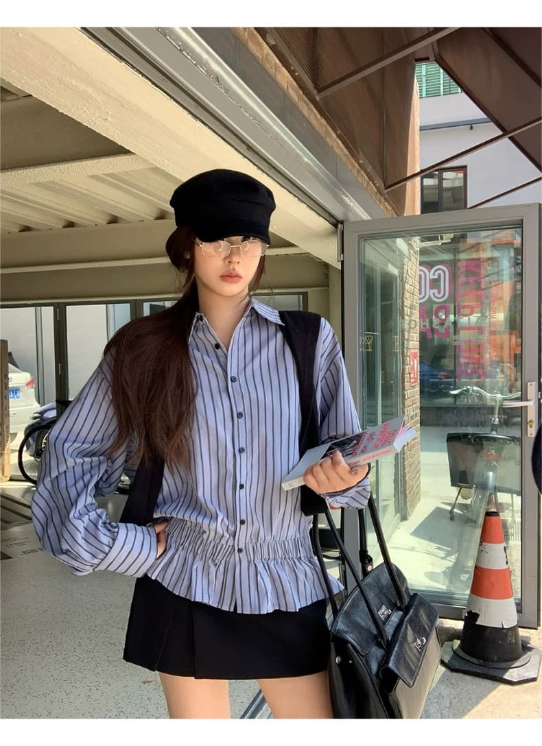 벨트 숄 장신구 여성 셔츠 봄 가을 프랑스식 맨위 파란색 스트라이프 고급 센스 빛 럭셔리 연령 감소 셔츠 상세 이미지 11