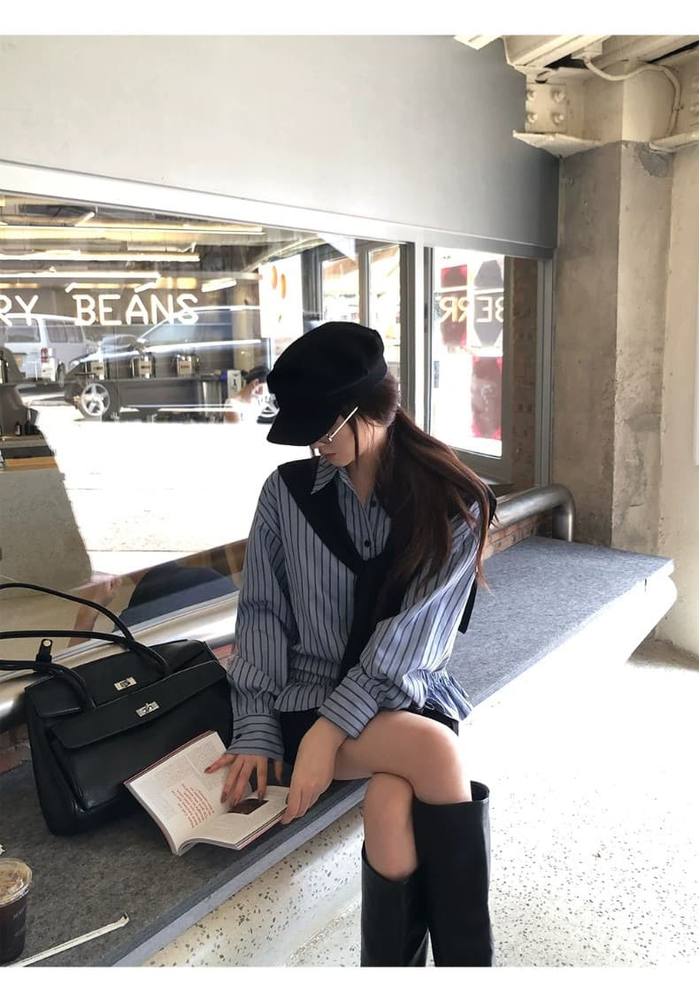 벨트 숄 장신구 여성 셔츠 봄 가을 프랑스식 맨위 파란색 스트라이프 고급 센스 빛 럭셔리 연령 감소 셔츠 상세 이미지 12
