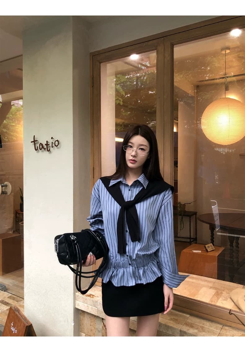 벨트 숄 장신구 여성 셔츠 봄 가을 프랑스식 맨위 파란색 스트라이프 고급 센스 빛 럭셔리 연령 감소 셔츠 상세 이미지 15