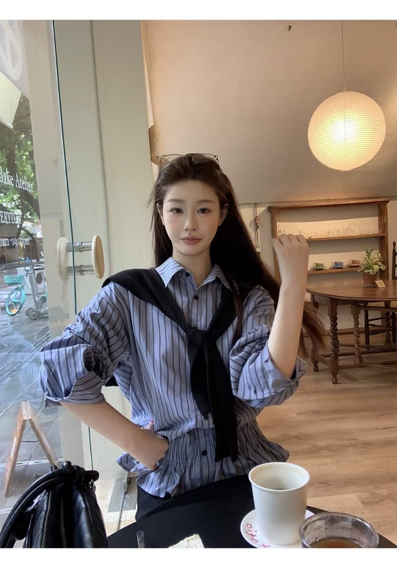 벨트 숄 장신구 여성 셔츠 봄 가을 프랑스식 맨위 파란색 스트라이프 고급 센스 빛 럭셔리 연령 감소 셔츠 상세 이미지 16