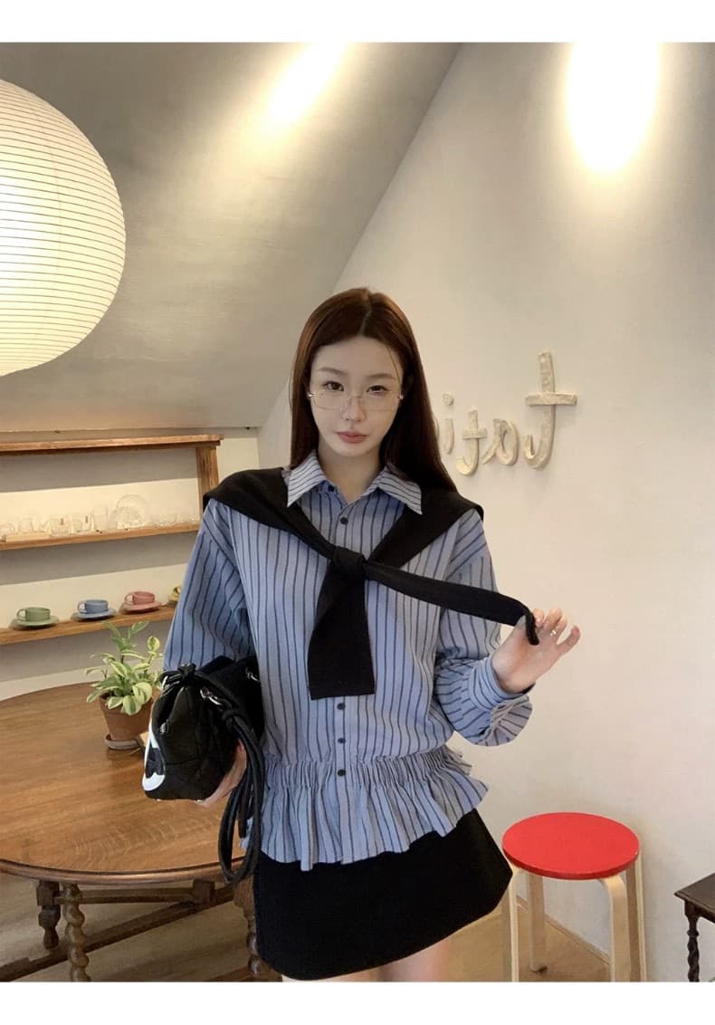 벨트 숄 장신구 여성 셔츠 봄 가을 프랑스식 맨위 파란색 스트라이프 고급 센스 빛 럭셔리 연령 감소 셔츠 상세 이미지 20