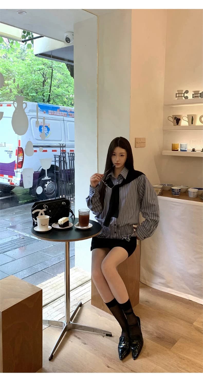 벨트 숄 장신구 여성 셔츠 봄 가을 프랑스식 맨위 파란색 스트라이프 고급 센스 빛 럭셔리 연령 감소 셔츠 상세 이미지 27