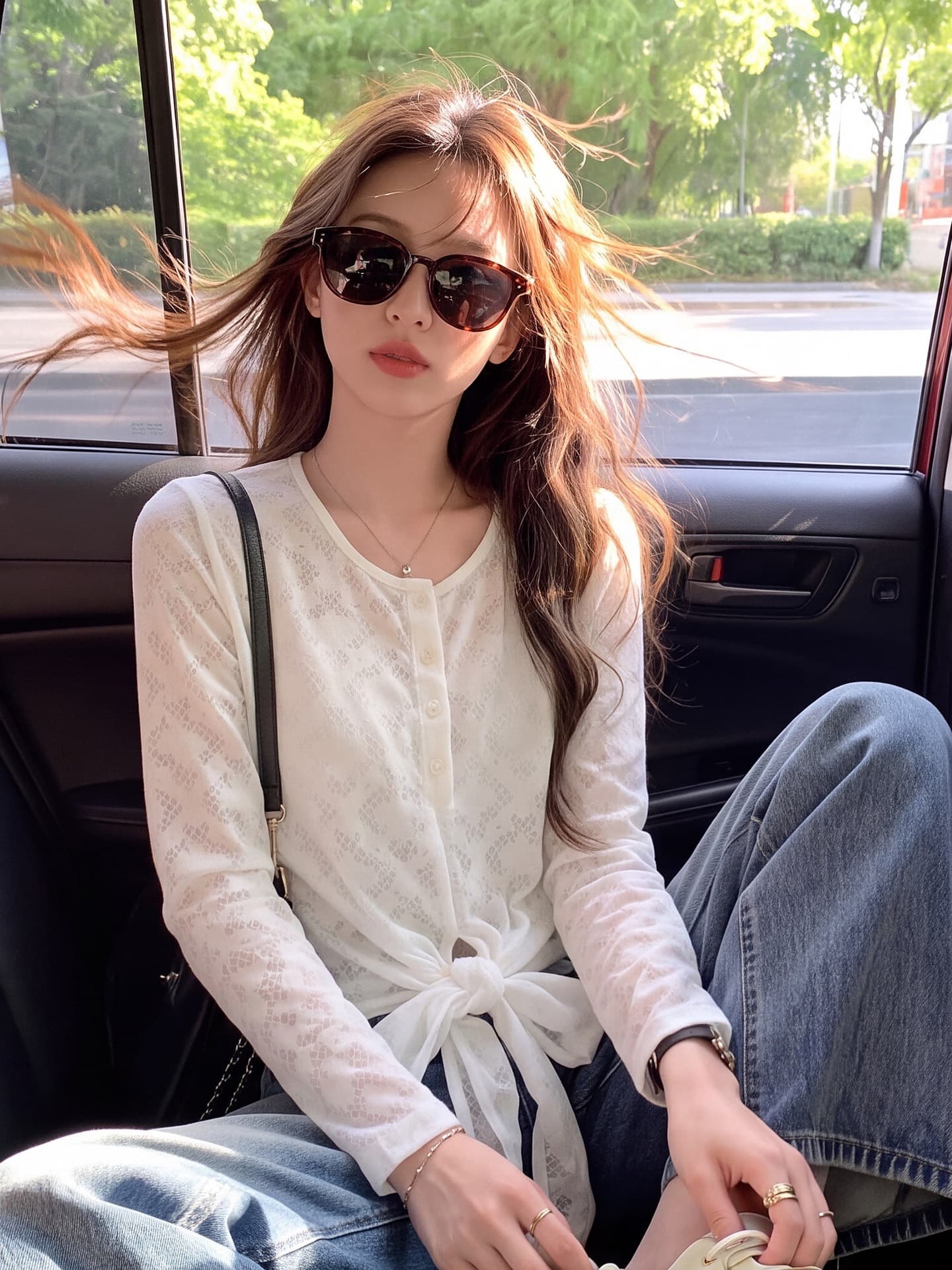 한 부서 부드러운 레이스 통기성 긴팔 여성 셔츠 가을 반 개방 버클 V넥 밑단 비틀림 마이크로 ~을 통해 자외선 차단 작은 셔츠