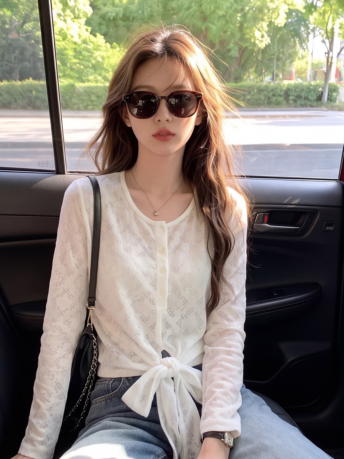 한 부서 부드러운 레이스 통기성 긴팔 여성 셔츠 가을 반 개방 버클 V넥 밑단 비틀림 마이크로 ~을 통해 자외선 차단 작은 셔츠 상세 이미지 3
