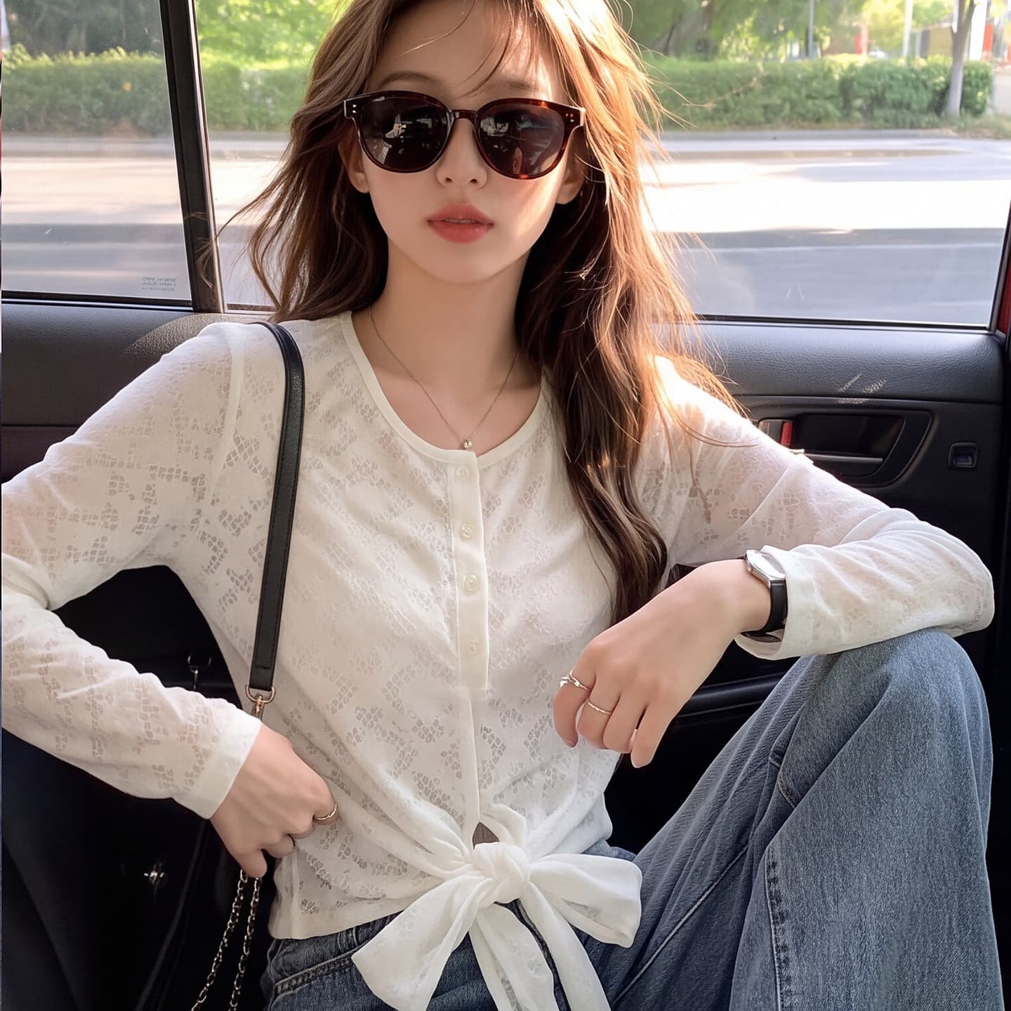 한 부서 부드러운 레이스 통기성 긴팔 여성 셔츠 가을 반 개방 버클 V넥 밑단 비틀림 마이크로 ~을 통해 자외선 차단 작은 셔츠 상세 이미지 6