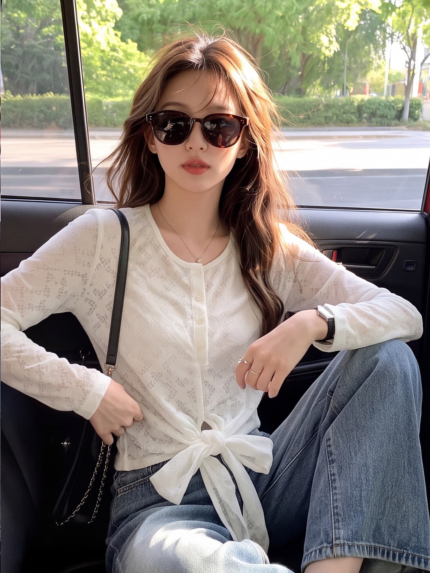 한 부서 부드러운 레이스 통기성 긴팔 여성 셔츠 가을 반 개방 버클 V넥 밑단 비틀림 마이크로 ~을 통해 자외선 차단 작은 셔츠 상세 이미지 7