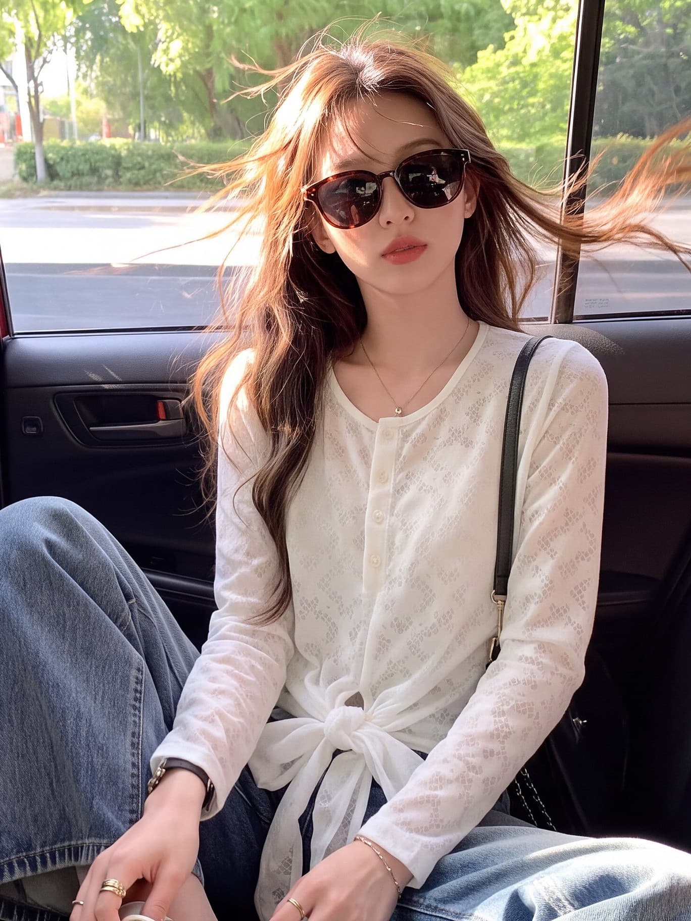 한 부서 부드러운 레이스 통기성 긴팔 여성 셔츠 가을 반 개방 버클 V넥 밑단 비틀림 마이크로 ~을 통해 자외선 차단 작은 셔츠 상세 이미지 9