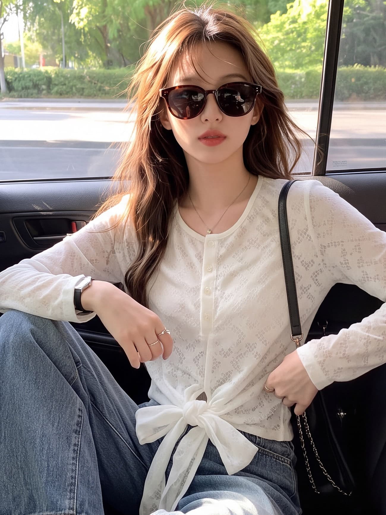 한 부서 부드러운 레이스 통기성 긴팔 여성 셔츠 가을 반 개방 버클 V넥 밑단 비틀림 마이크로 ~을 통해 자외선 차단 작은 셔츠 상세 이미지 10
