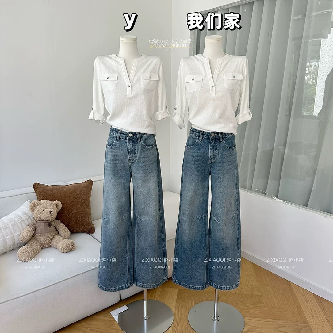 200그램 게으른 면 닫기 자동차 선 11 바늘 V넥 긍정적 인 어깨 중간 소매 티셔츠 여성 더블 주머니 핫걸 맨위 상세 이미지 6