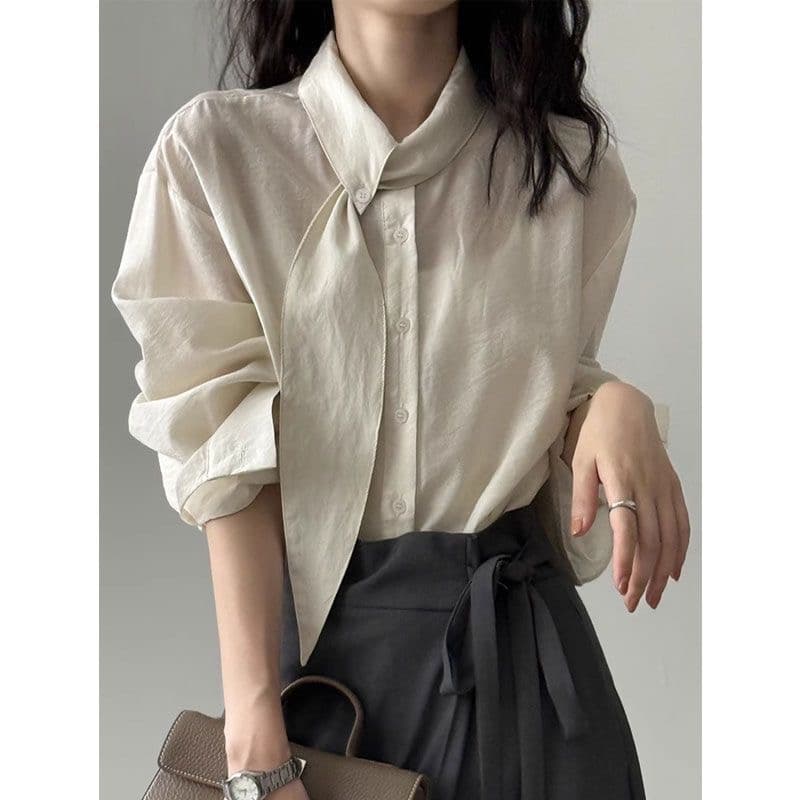 한 부서 스카프 칼라 긴팔 여성 셔츠 가을 디자인 작은 대중 긴팔 맨위 루즈핏 출퇴근 프랑스식 사소한 작은 셔츠 이미지 2