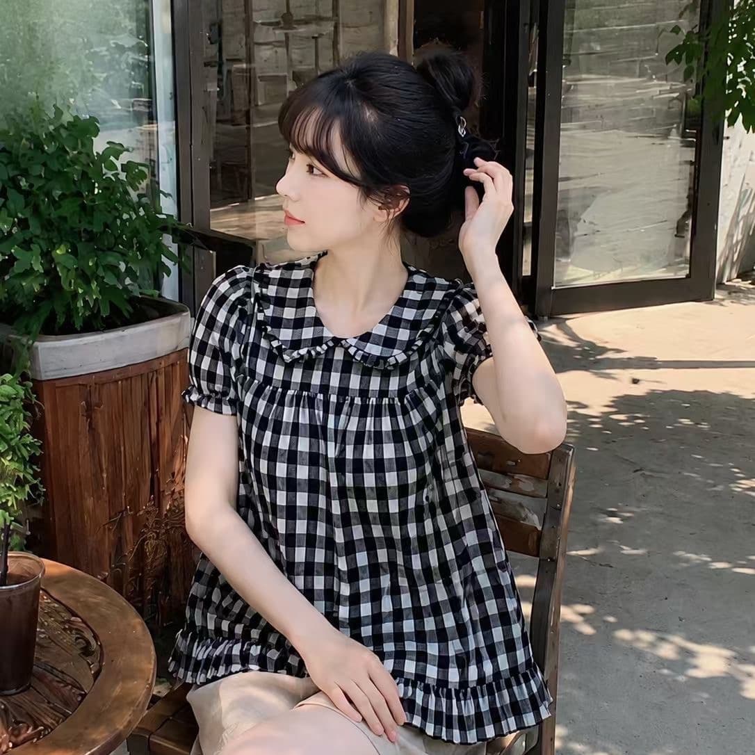 한 부서 2026 소녀 베이비 칼라 체크무늬 반팔 여성 셔츠 여름 새로운 루즈핏 슬림해 보이는 다용도 레트로 맨위 이미지 5