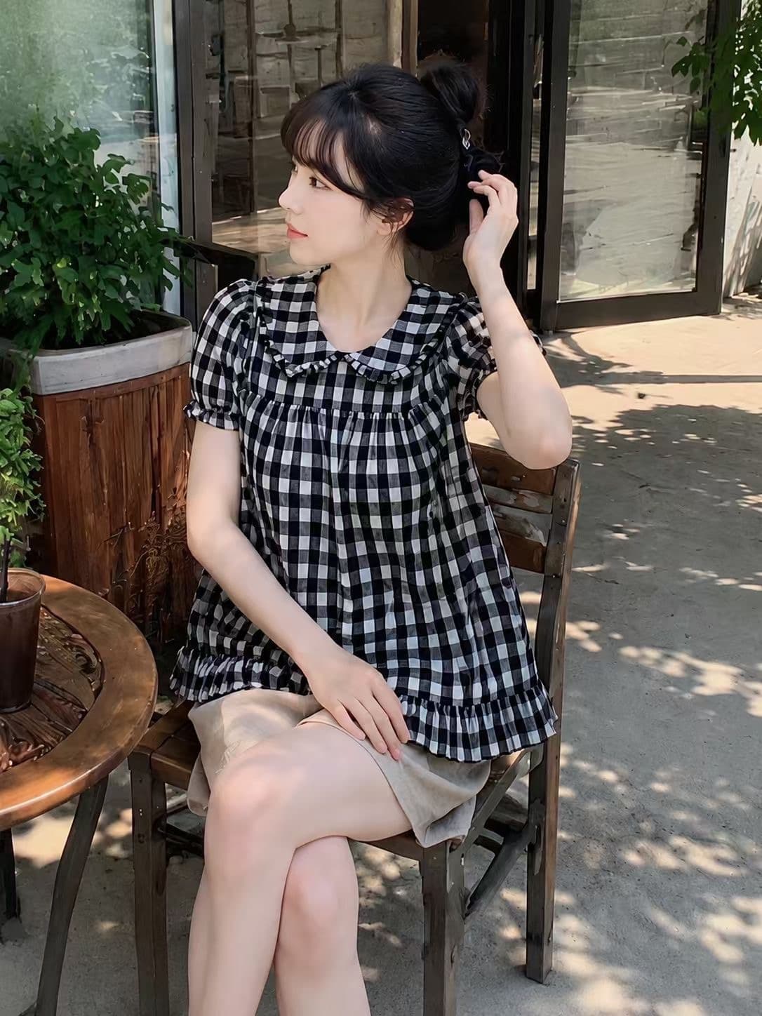 한 부서 2026 소녀 베이비 칼라 체크무늬 반팔 여성 셔츠 여름 새로운 루즈핏 슬림해 보이는 다용도 레트로 맨위 상세 이미지 10