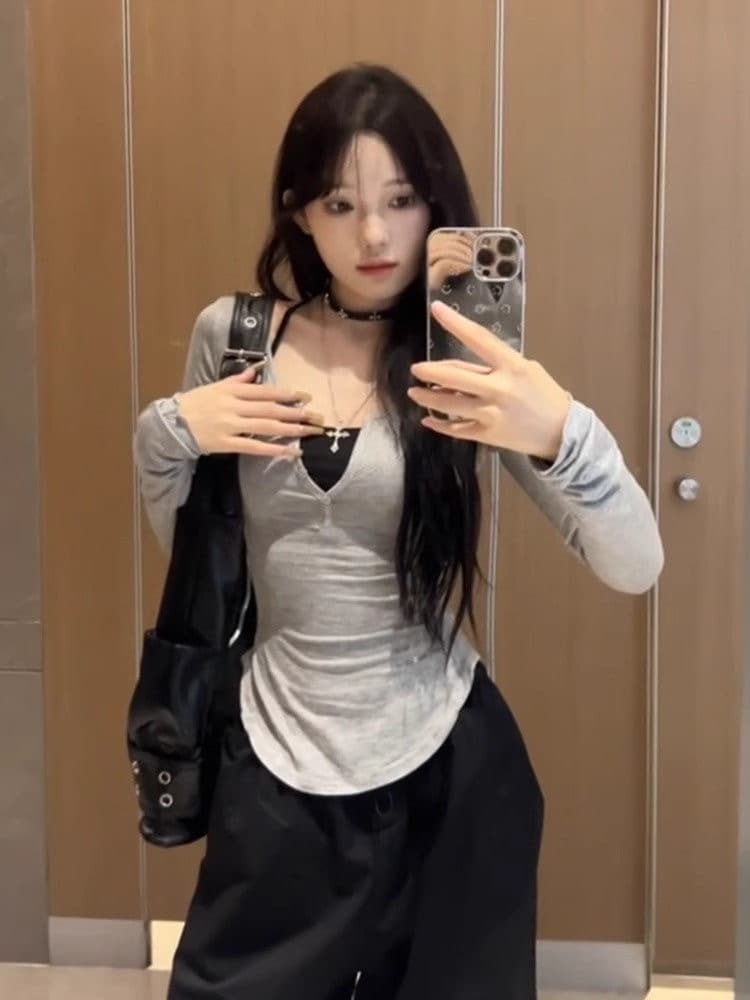디자인 센스 작은 대중 긴팔 티셔츠 달콤한 핫걸 외출용 몸매 가꾸기 슬림해 보이는 인사이드 잡아라. 의류 상세 이미지 1