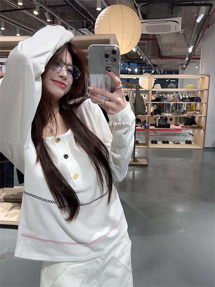 원본 원단 얇은 스타일 자외선 차단 긴팔 티셔츠 여성 가을 캐주얼 루즈핏 슬림해 보이는 미니멀리즘 단추 느긋한 바람 맨위