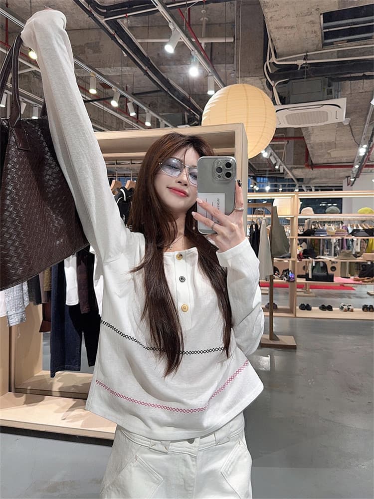 원본 원단 얇은 스타일 자외선 차단 긴팔 티셔츠 여성 가을 캐주얼 루즈핏 슬림해 보이는 미니멀리즘 단추 느긋한 바람 맨위 상세 이미지 3