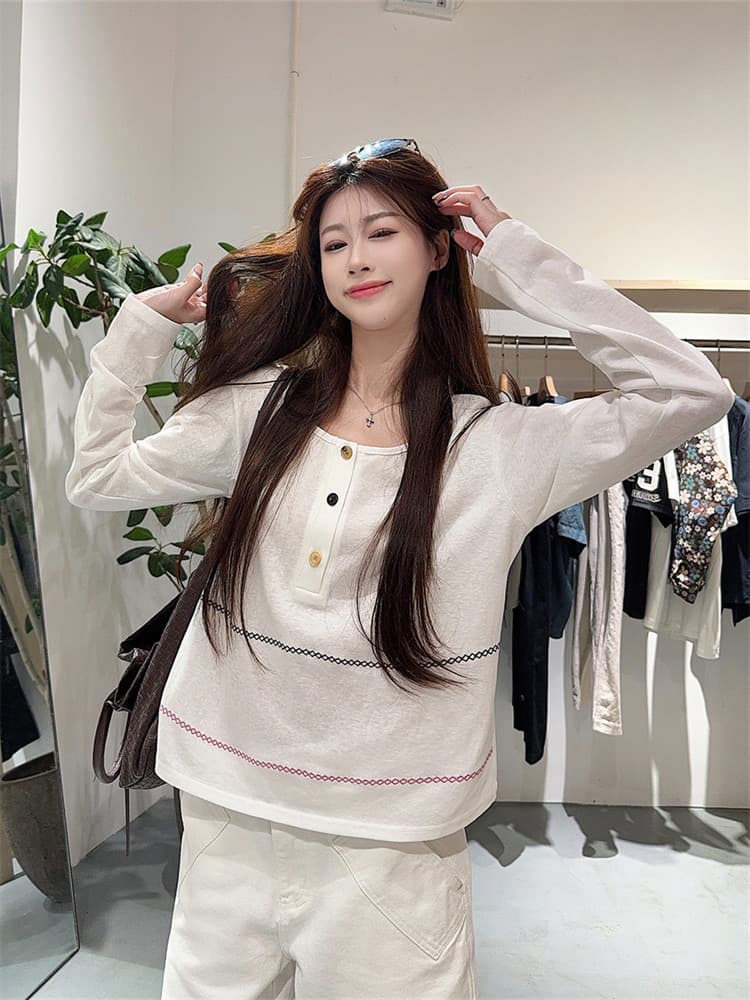 원본 원단 얇은 스타일 자외선 차단 긴팔 티셔츠 여성 가을 캐주얼 루즈핏 슬림해 보이는 미니멀리즘 단추 느긋한 바람 맨위 상세 이미지 8
