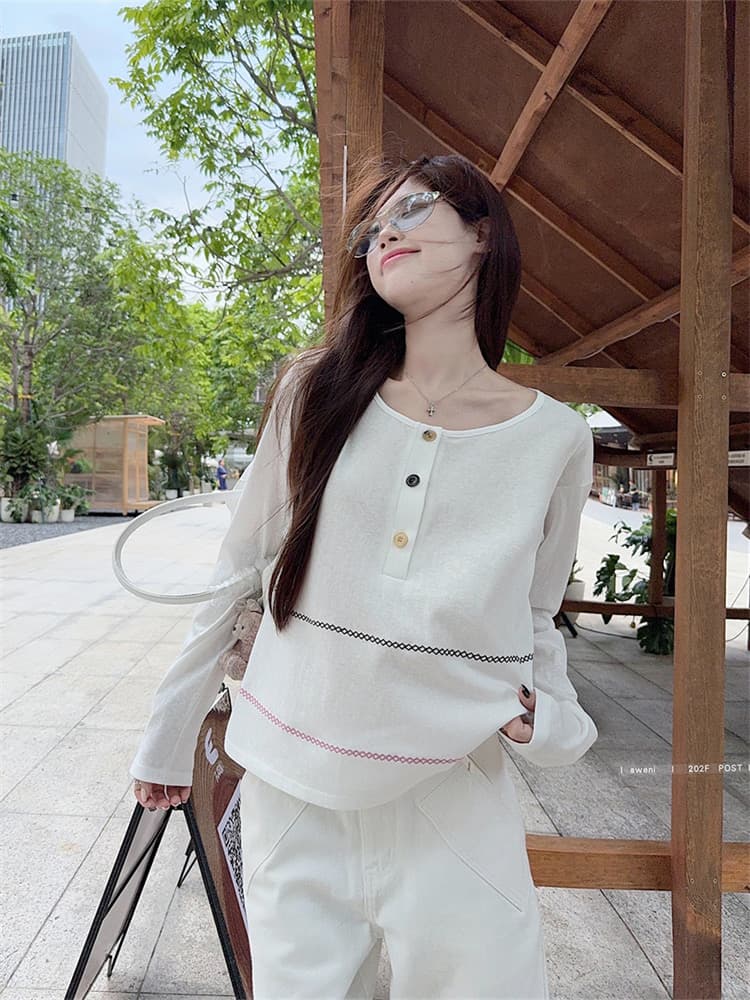 원본 원단 얇은 스타일 자외선 차단 긴팔 티셔츠 여성 가을 캐주얼 루즈핏 슬림해 보이는 미니멀리즘 단추 느긋한 바람 맨위 상세 이미지 13
