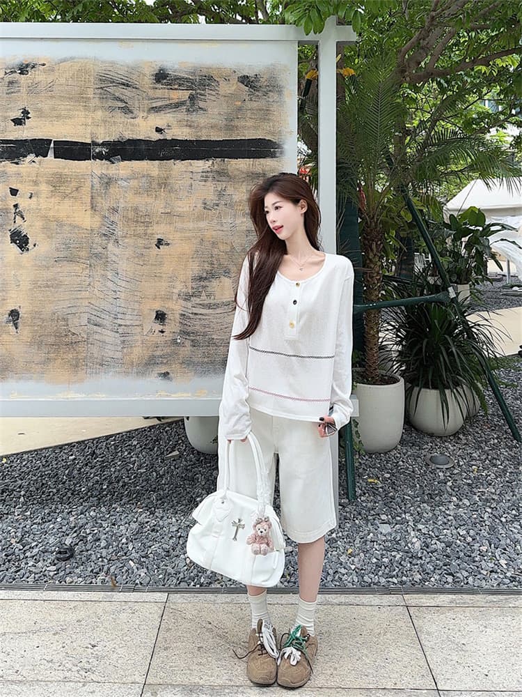 원본 원단 얇은 스타일 자외선 차단 긴팔 티셔츠 여성 가을 캐주얼 루즈핏 슬림해 보이는 미니멀리즘 단추 느긋한 바람 맨위 상세 이미지 15