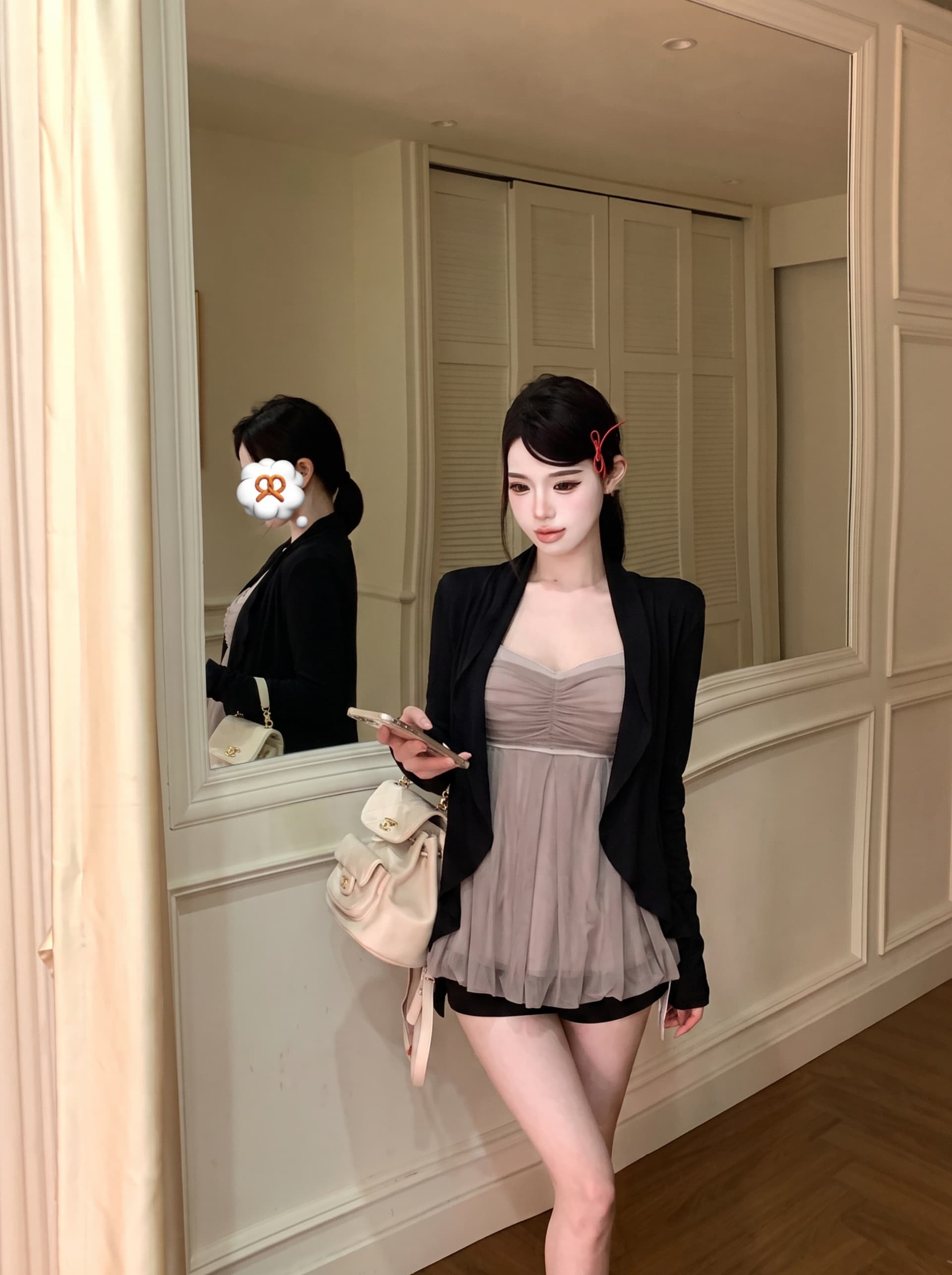 검정색 딸기 긴팔 오픈 가디건 여성 코트 가을 착용 가져 가라. 세트 망사 캐미솔 맨위 투피스 세트 상세 이미지 3