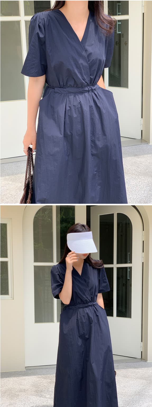 한 부서 미니멀리즘 V넥 허리 수축 여성 드레스 품격 슬림해 보이는 스트랩 디자인 센스 반팔 롱 코트 드레스 상세 이미지 33