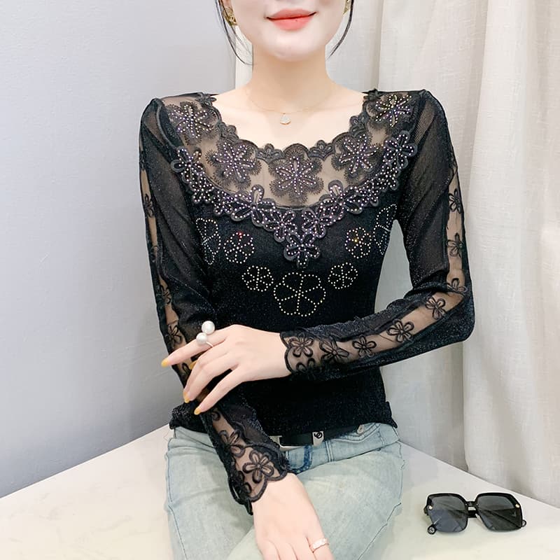 실사 2026 봄 여름 새로운 레이스 기본 셔츠 외국 가스 패션 여성 망사 긴팔 몸매 가꾸기 슬림해 보이는 인사이드 가져 가라. 여성 이미지 3