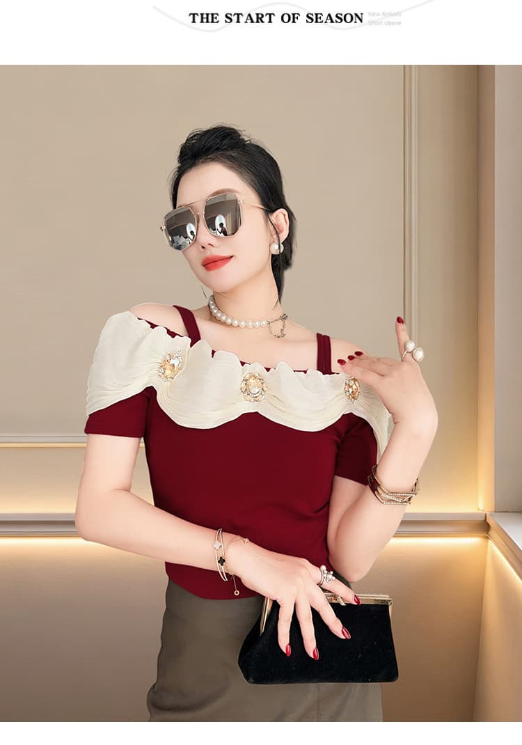실사 여름 새로운 프랑스식 순수한 욕망 바람 배색 프릴 반팔 티셔츠 여성 패션 몸매 가꾸기 슬림해 보이는 다용도 상세 이미지 24