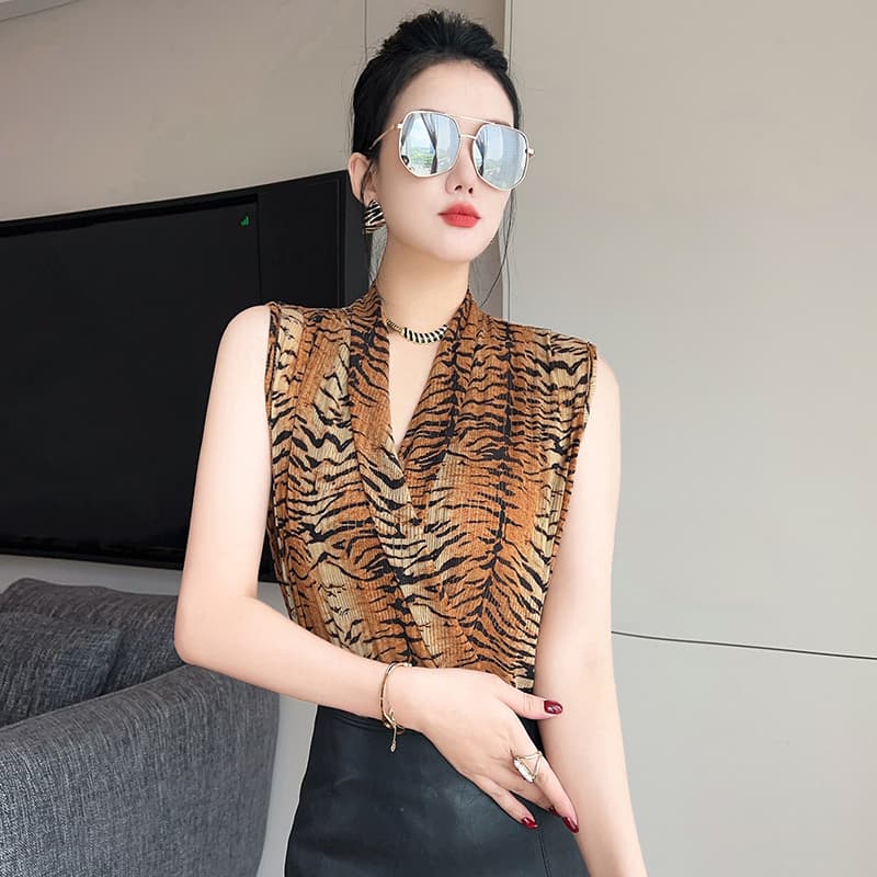 실사 여름 새로운 유럽 상품 패션 레오파드 무늬 허리 수축 V넥 섹시함 민소매 여성 셔츠 레트로 스타일 맨위 트렌디 이미지 3