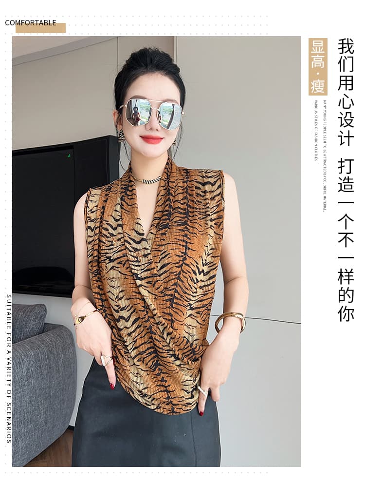 실사 여름 새로운 유럽 상품 패션 레오파드 무늬 허리 수축 V넥 섹시함 민소매 여성 셔츠 레트로 스타일 맨위 트렌디 상세 이미지 3