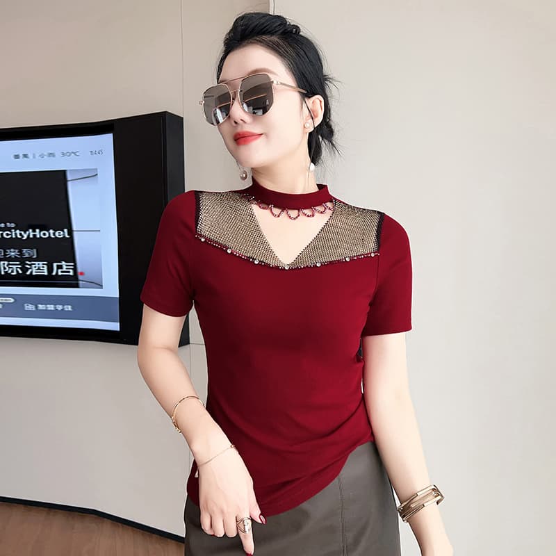 실사 여름 새로운 패션 섹시함 핫픽스 홀로우 아웃 레이스 행침 목 반팔 다용도 슬림해 보이는 티셔츠 여성 이미지 2