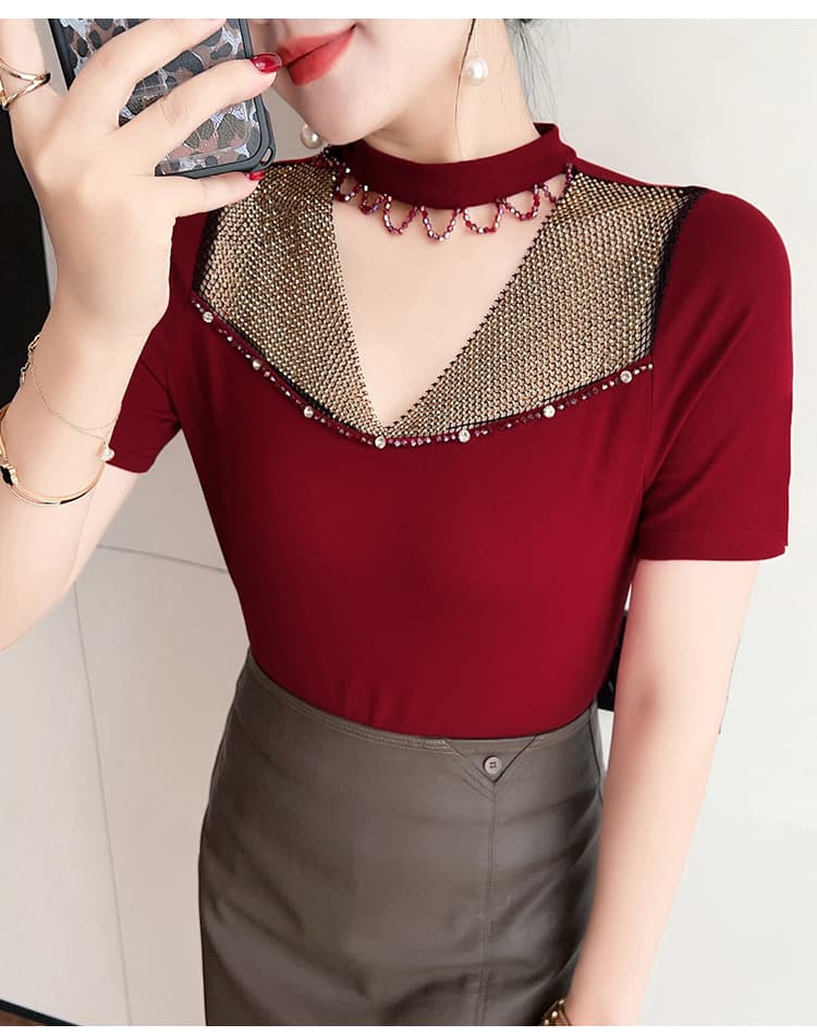 실사 여름 새로운 패션 섹시함 핫픽스 홀로우 아웃 레이스 행침 목 반팔 다용도 슬림해 보이는 티셔츠 여성 상세 이미지 19