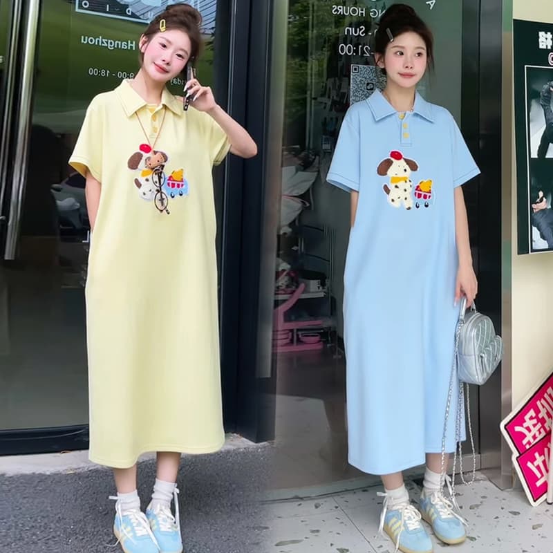 출산 착용 여름 드레스 2026 새로운 패션 자수 POLO 칼라 외국 가스 세련된 폴로 칼라 강아지 드레스 이미지 4