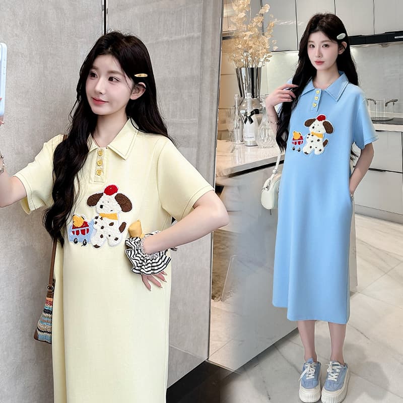 실사 지금 지금 임산부 여름 2026 새로운 패션 자수 POLO 칼라 외국 가스 세련된 강아지 드레스 치마 이미지 3
