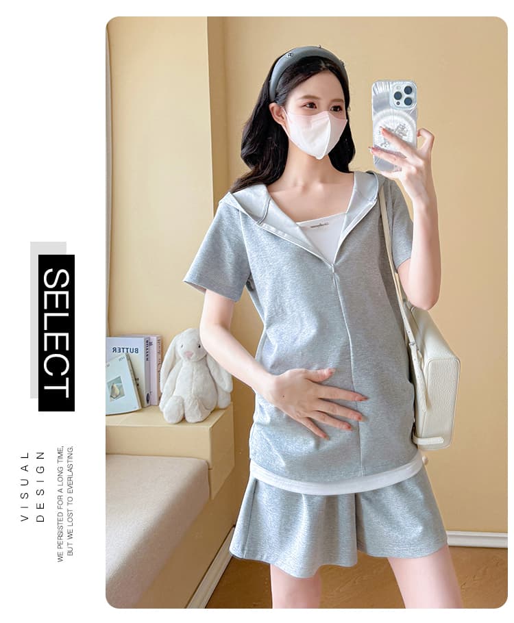 실사 작은 동영상 여름 새로운 임산부 페이크 레이어드 후드 반팔 티셔츠 복부 지지 반바지 투피스 세트 세트 상세 이미지 28