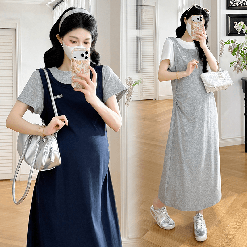 실사 여름 새로운 임산부 롱 코트 배색 패치워크 라운드 넥 드레스 패치워크 허리 수축 슬림해 보이는 빅 사이즈 드레스 이미지 4